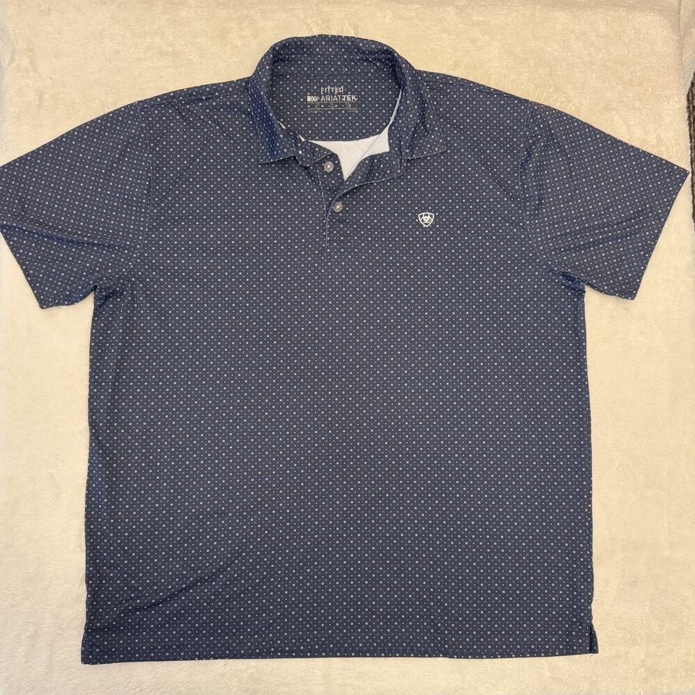 Ariat AriatTEK Polo Shirt Men XL Blue Geometric Short Sleeve Fitted Logo